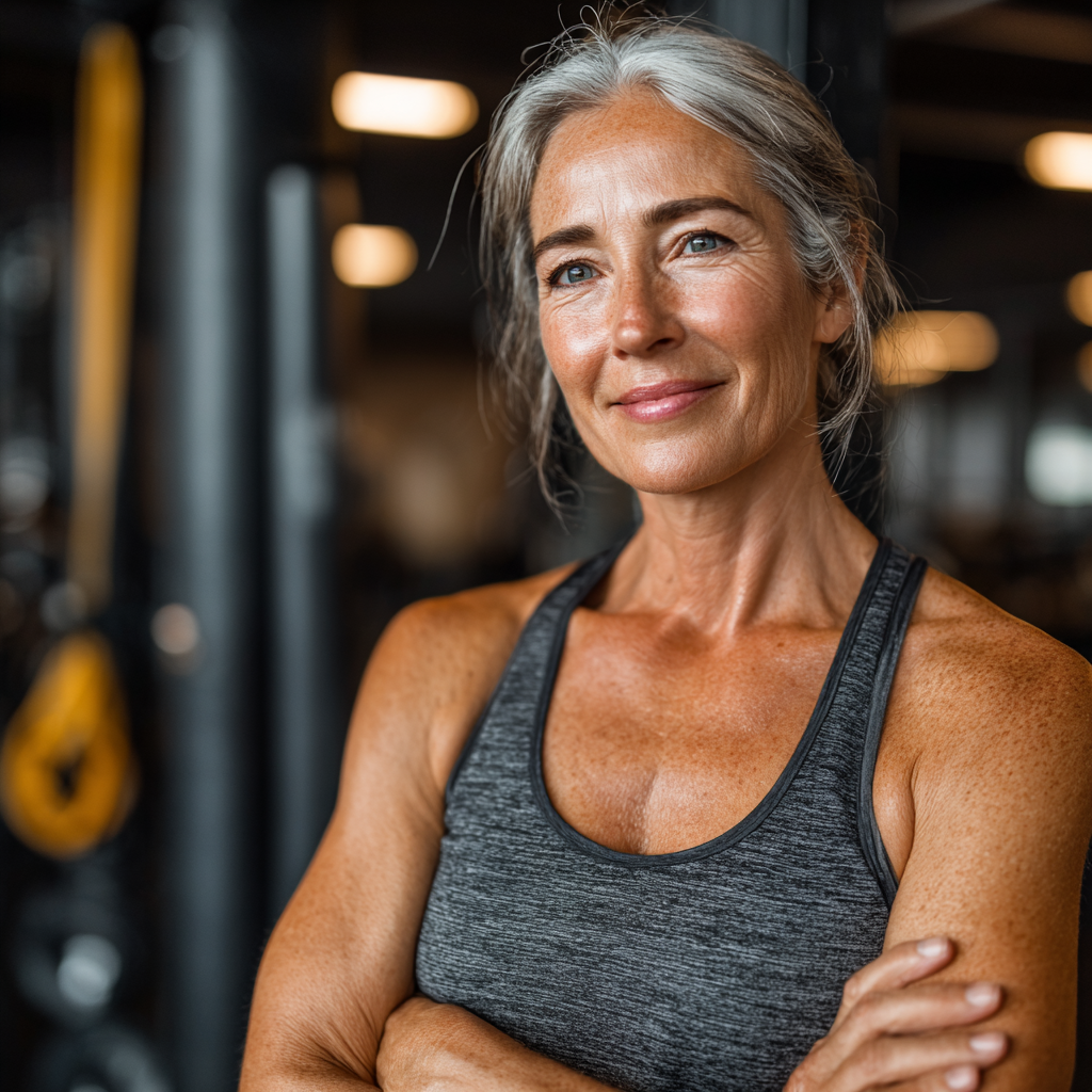 Confident mature woman in her early 50s in athletic wear holding exercise equipment in a professional gym setting, smiling and looking motivated
