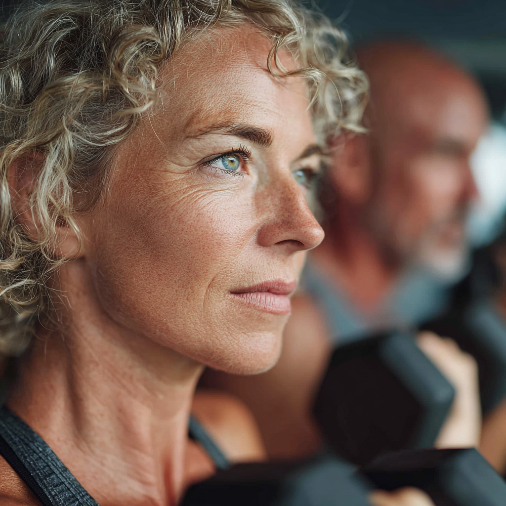 Mature adults aged 45-50 exercising with dumbbells in a modern fitness studio, focused and determined expressions, professional athletic wear